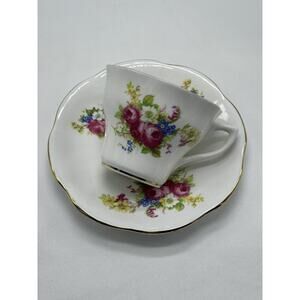 Vintage Fine‎ Chine Teacup & Saucer Floral England Porcelain Crown Brown Marking